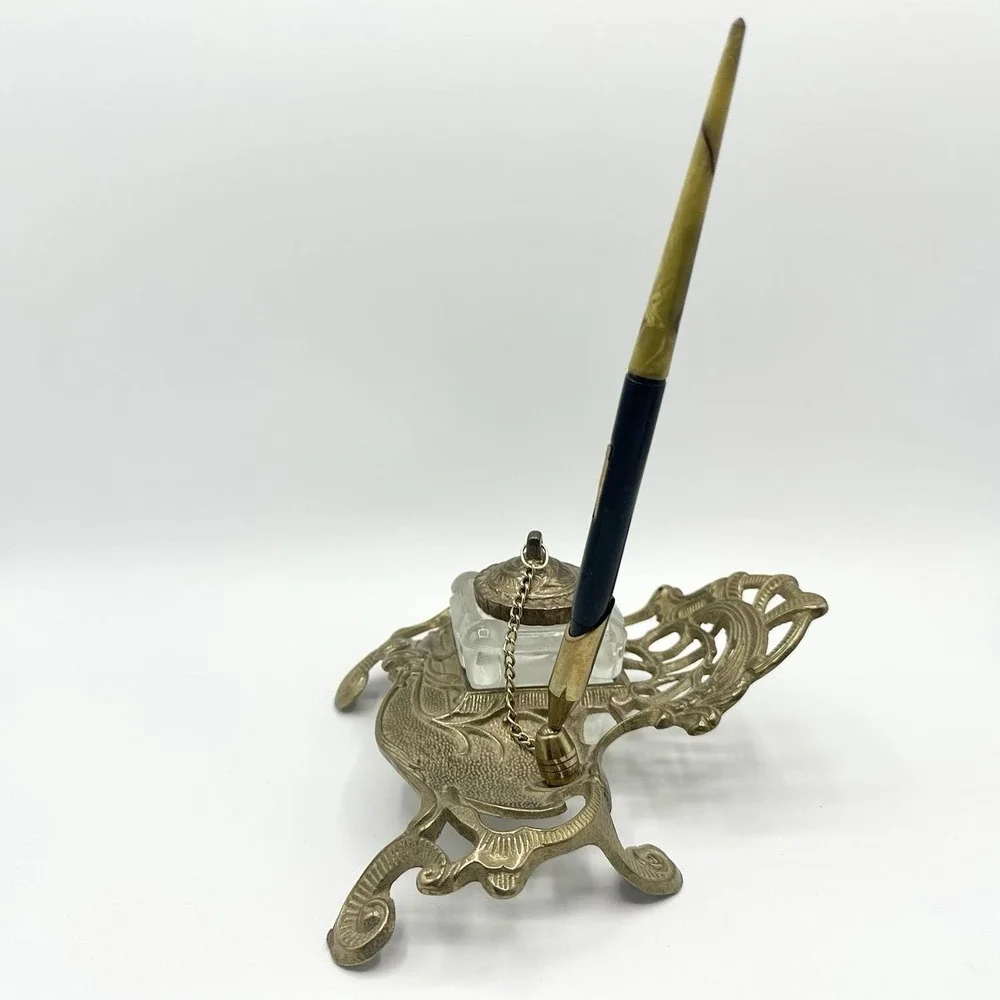 Vintage Heavy Brass Inkwell Pen Holder Art Nouveau Celluloid Fountain Pen Ink